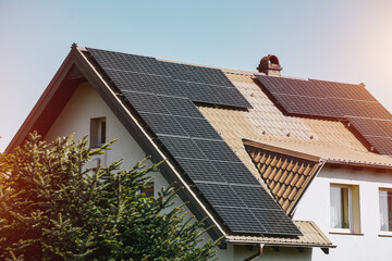 Banner image template for the solar roof company. Solar Panels and Solar roofs. Concept of...