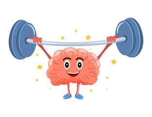 The brain lifts the barbell. Brain training. treadmill. Education and knowledge. Vector stock illustration. isolated. Character. Cartoon. Force. Intelligent