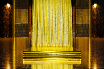 Golden podium with curtain and metal wall in black and gold, rendered in 3D.