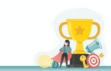 Business ideas concept. Super boss standing in front of trophy and business icons around trophy. Symbolize elements of business strategy, planning, thinking, brainstorming and development.