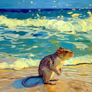 Rat Abstract Painting, Van Gogh Painter Style, Rat And Sea, Sea Water