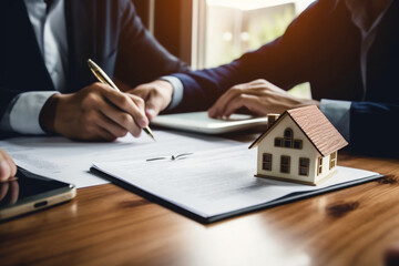 Real estate agents businessmen discussing construction plan over the makete of the house. High quality photo Generative AI