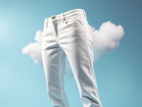 white Jeans clothes promotional photo beautiful electronic commercial photography , blue background, studio photo, clean design, pastel colors Generative AI