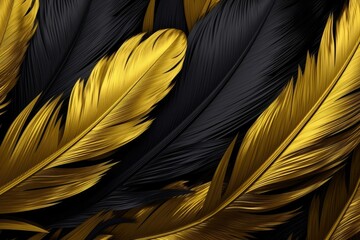 Black and gold feathers background as beautiful abstract wallpaper header. Generative AI