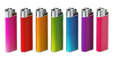 Generic multi colored lighters on transparent background.  3D illustration