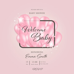 Baby girl shower card invitation, vector illustration with pink balloons