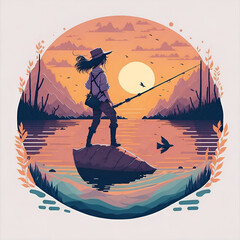 a woman fishing  in the  river with a sunset background illustration generated AI