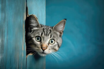 Frightened cat peeks out from behind a corner on a blue background, with copy space. Generative AI
