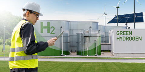 Engineer with tablet computer on a background of green Hydrogen factory	