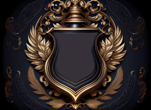 golden coat of arms on a black background. vintage shield. ai generated Generative AI