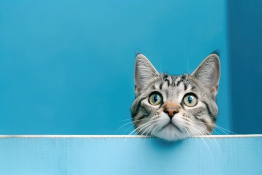 Frightened cat peeks out from behind a corner on a blue background, with copy space. Generative AI