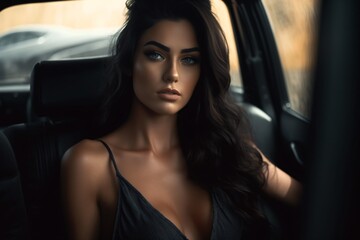 Fototapeta na wymiar Shot of a AI-generated non-existing woman siting in a car wearing a black dress