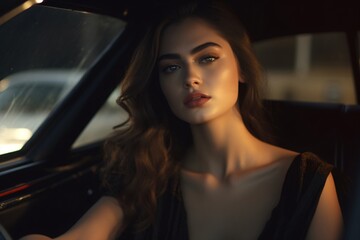Obraz na płótnie Canvas Shot of a AI-generated non-existing woman siting in a car wearing a black dress