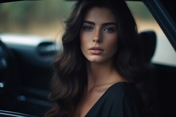 Plakat Shot of a AI-generated non-existing woman siting in a car wearing a black dress