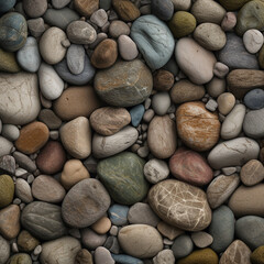 Fototapeta na wymiar A collection of rocks and pebbles are laid out on a beach. ai generated