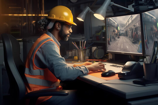 Construction worker on computer