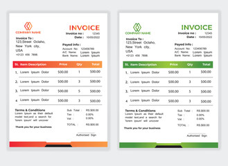 Business Minimal Corporate Invoice design template vector illustration bill form price . Creative template and stationery design payment agreement design template Cash Memo, Vector Quotation Design