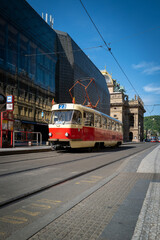 an old streetcar on the streets of Prague