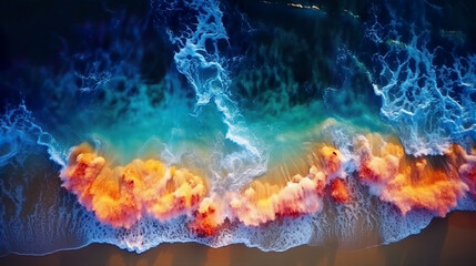 Fototapeta na wymiar An illustration of a multicolored bioluminescent wave at the beach at aerial shot. A.I. generated.