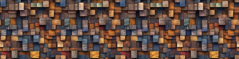 Abstract block stack wooden 3d cubes on the wall for background banner panorama, seamless pattern - Colorful wood texture for backdrop or wallpaper (Generative Ai)