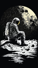 Retro Vintage Engraving Woodcut Linocut style space astonaut sitting on a moon surface. Lonely adventure explore future vibe. Can be used for decoration or graphic design. Graphic Art