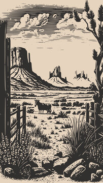 Mountain desert texas background landscape. Wild west western adventure explore inspirational vibe. Graphic Art. Engraving style.