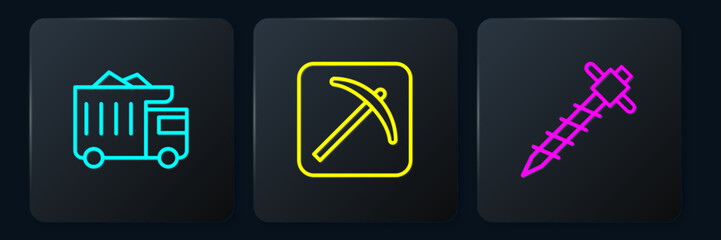 Set line Mining dump truck, Construction jackhammer and Pickaxe. Black square button. Vector