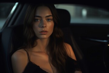 Obraz na płótnie Canvas Shot of a AI-generated non-existing woman siting in a car wearing a black dress