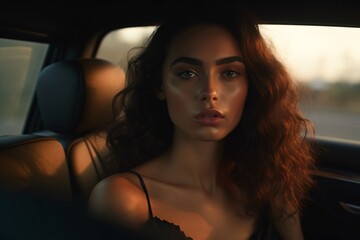 Fototapeta na wymiar Shot of a AI-generated non-existing woman siting in a car wearing a black dress