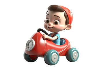 3D cartoon baby in a toy car isolated on transparent/white background. Generative AI.