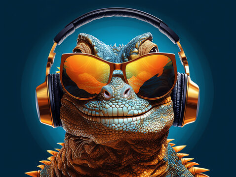 Music dj lizard with sunglasses and headphones on blue background- Generative AI