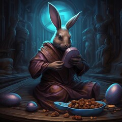 easter bunny eating chocolat eggs, dark, modern, futuristic, - AI-generated