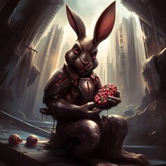 easter bunny eating chocolat eggs, dark, modern, futuristic, - AI-generated
