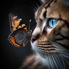 Schmetterling sitzt auf der Nase einer Katze, KI generiertes Bild