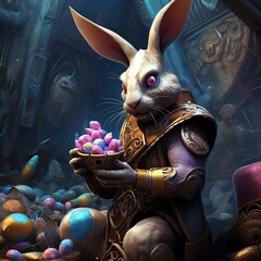 easter bunny eating chocolat eggs, dark, modern, futuristic, - AI-generated