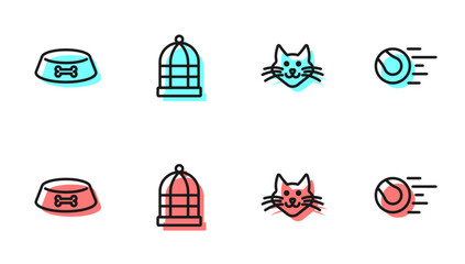 Set line Cat, Pet food bowl for cat or dog, Cage birds and toys ball icon. Vector