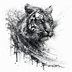 Schwarz Weiß Zeichnung eines Tigers, KI generiertes Bild