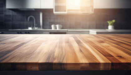 Empty beautiful wood tabletop counter and blur bokeh modern kitchen interior background in clean and bright, Ready, white background, for product montage