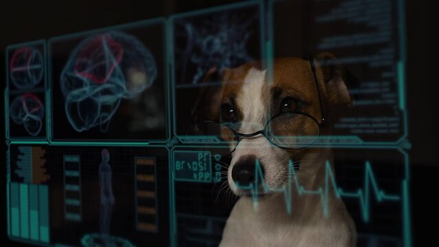 Jack Russell Terrier dog looks at the virtual menu medical screen. human brain research. 