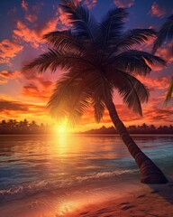 AI-generated tropical beach sunset with palm tree. (Generative AI)