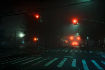 Foto op Canvas Foggy street scene at night in Red Hook, Brooklyn, New York © jonbilous