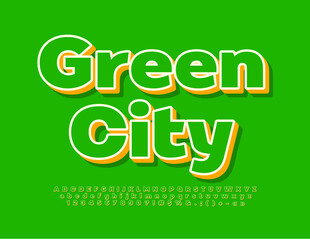 Vector modern Emblem Green City. Bright 3D Font. Creative Alphabet Letters and Numbers