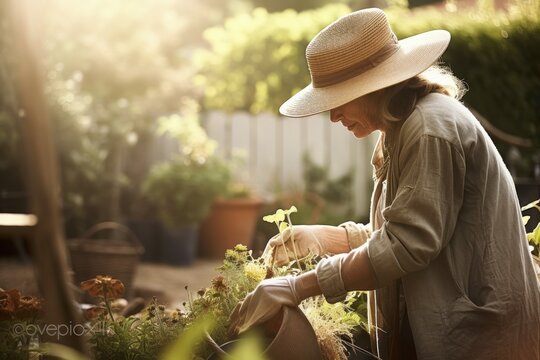 Female Caucasian elderly gardening in backyard plants Earthly. Generative AI AIG23.