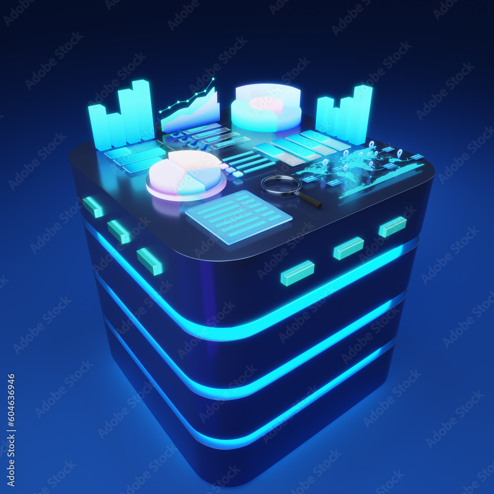 Poster Business graph charts, Analyzing statistics and Database storage. Statistical, Data visualization and Data analysis concepts. 3D rendering.