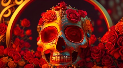 Dia de los Muertos theme colors with vibrant red and gold generative AI. 