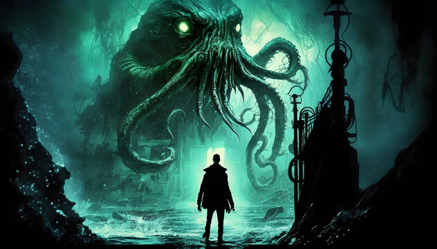 Person standing in front of cthulhu tentacle monster in the style of lovecraft horror.