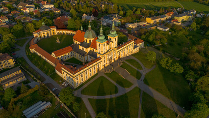Aerial view of Virgin Mary's basilica during sunset. Photographed in Svatý Kopeček town near Olomouc city. 
