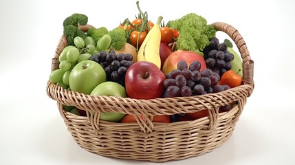 Organic vegetables and fruits in a wicker basket on a white background.