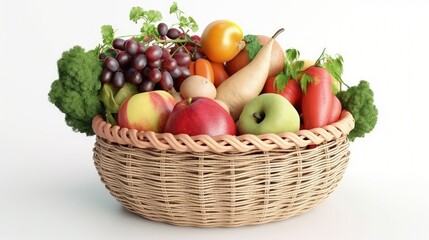 Fototapeta na wymiar Organic vegetables and fruits in a wicker basket on a white background.