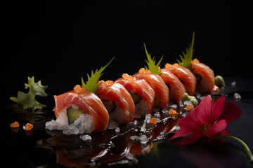 Sushi on Sleek Black Background, Generative Ai